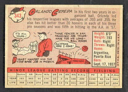 1958 Topps Baseball #343 Orlando Cepeda Giants EX-MT 566478