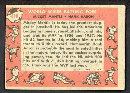 1958 Topps Baseball #418 Mickey Mantle Hank Aaron VG/VG-EX 566480