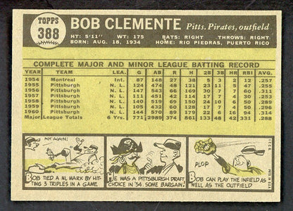 1961 Topps Baseball #388 Roberto Clemente Pirates NR-MT 566483