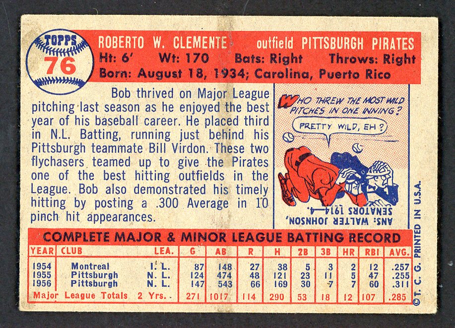 1957 Topps Baseball #76 Roberto Clemente Pirates EX+/EX-MT 566484