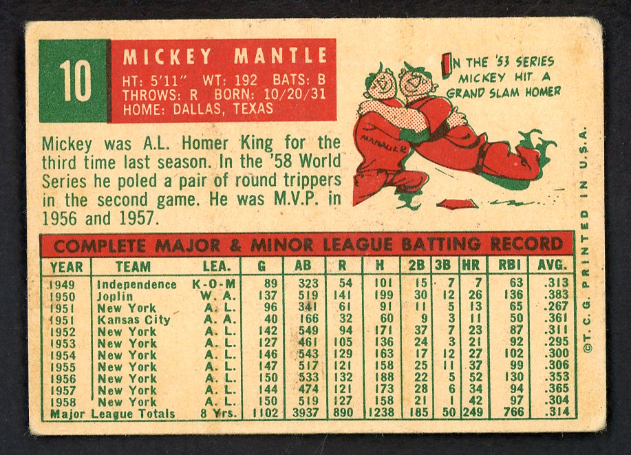 1959 Topps Baseball #10 Mickey Mantle Yankees VG 566492