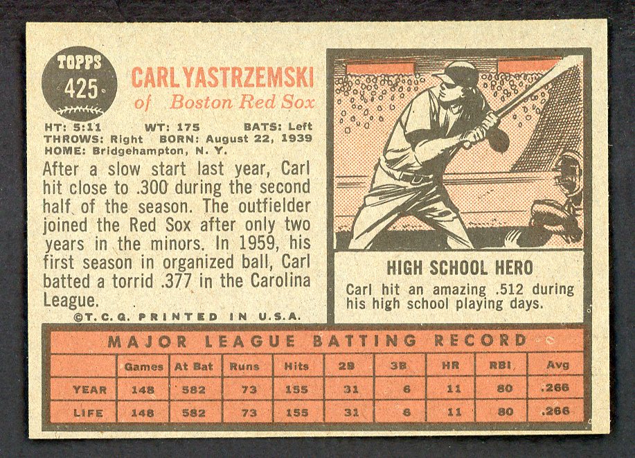 1962 Topps Baseball #425 Carl Yastrzemski Red Sox NR-MT 566498