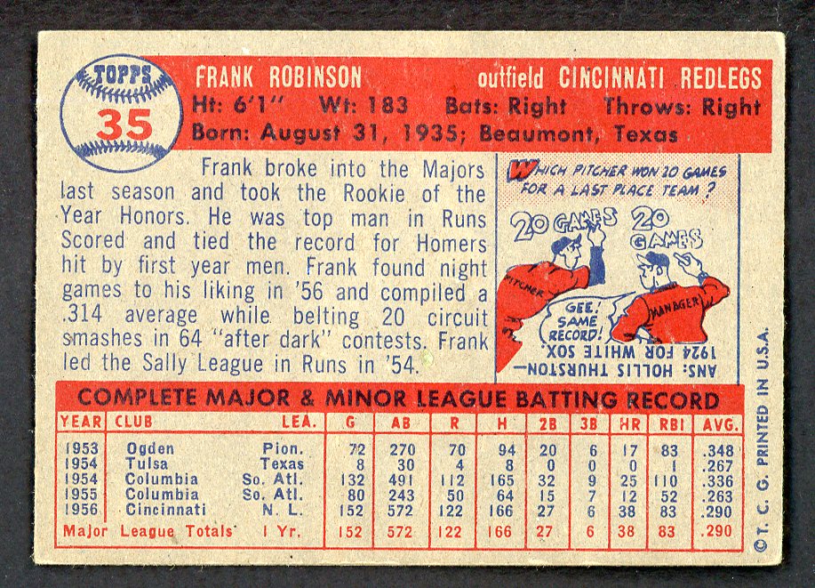 1957 Topps Baseball #35 Frank Robinson Reds EX 566507