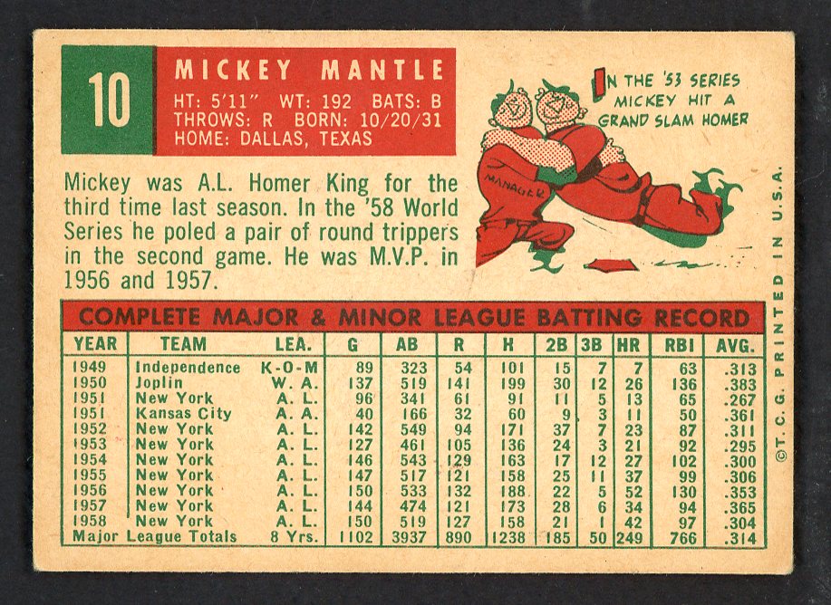 1959 Topps Baseball #10 Mickey Mantle Yankees VG-EX 566514