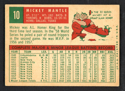 1959 Topps Baseball #10 Mickey Mantle Yankees VG-EX 566514