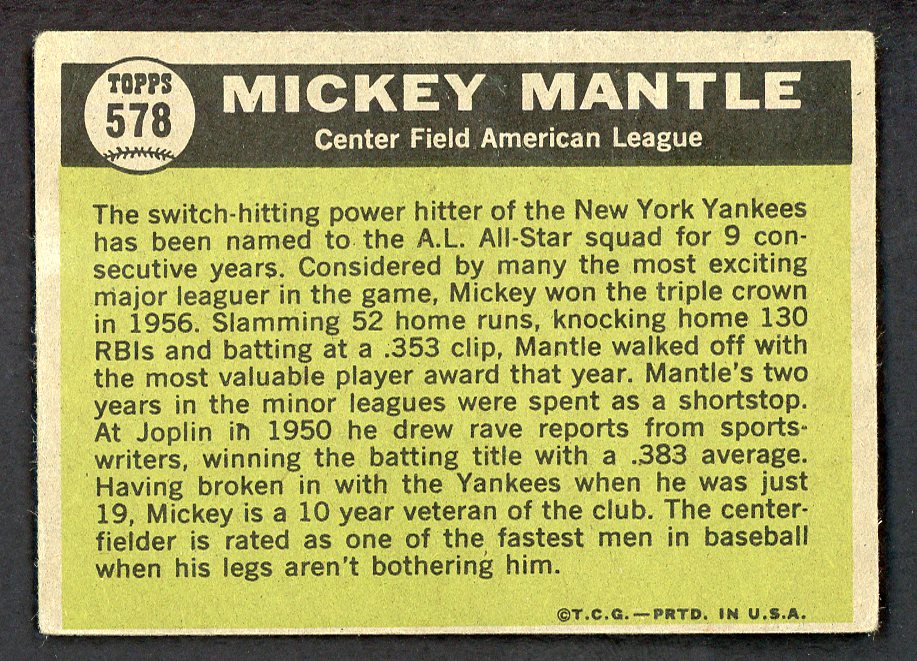 1961 Topps Baseball #578 Mickey Mantle A.S. Yankees VG-EX 566516