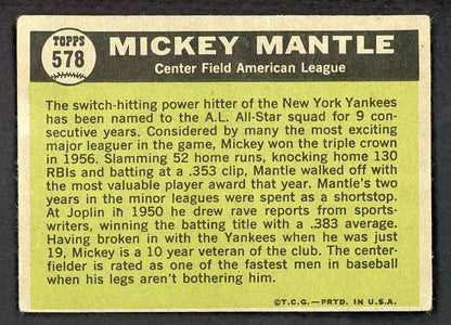 1961 Topps Baseball #578 Mickey Mantle A.S. Yankees VG-EX 566516
