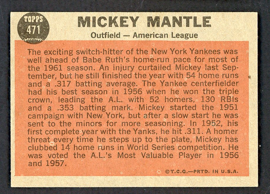 1962 Topps Baseball #471 Mickey Mantle A.S. Yankees EX-MT 566520