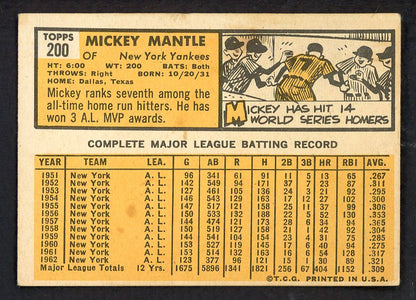 1963 Topps Baseball #200 Mickey Mantle Yankees EX+/EX-MT 566522