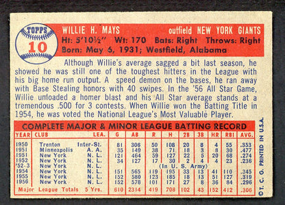 1957 Topps Baseball #10 Willie Mays Giants VG-EX 566525