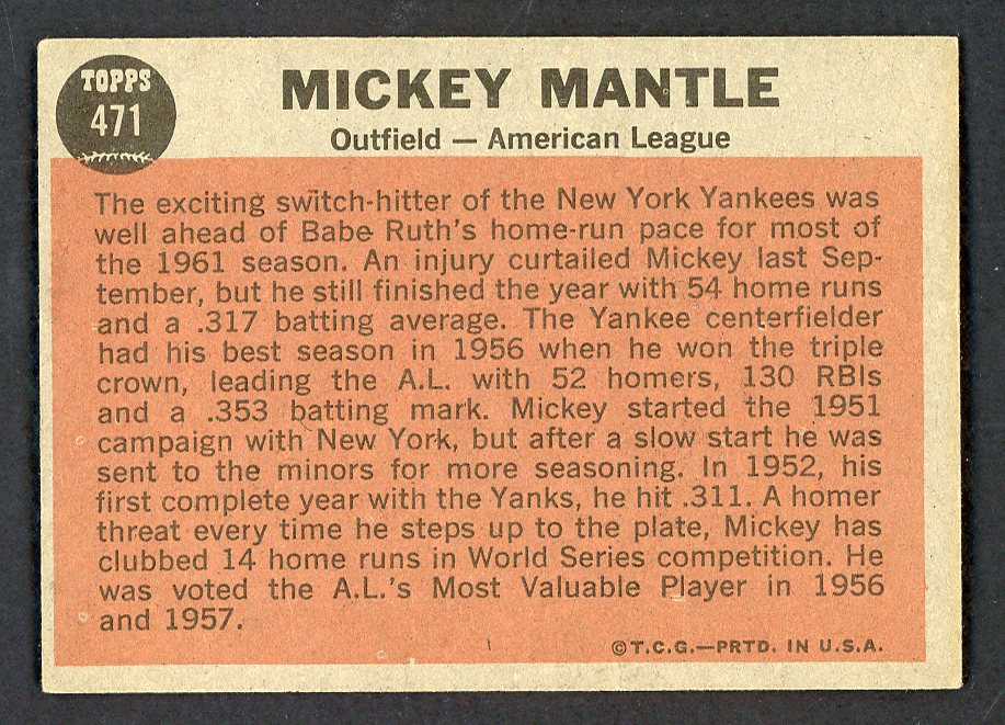 1962 Topps Baseball #471 Mickey Mantle A.S. Yankees EX 566529