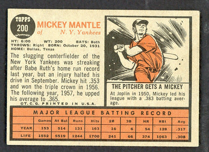 1962 Topps Baseball #200 Mickey Mantle Yankees VG-EX 566532