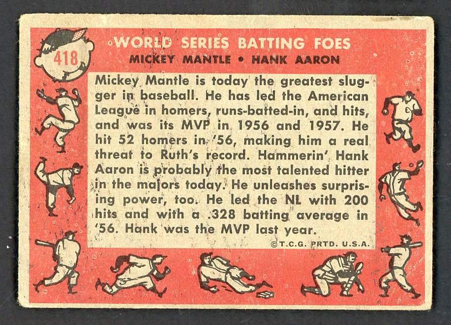 1958 Topps Baseball #418 Mickey Mantle Hank Aaron VG 566535