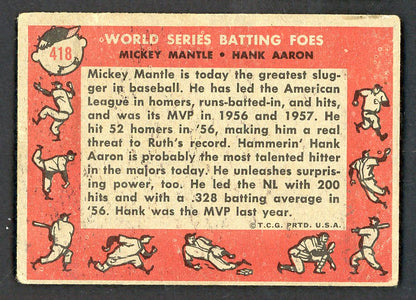 1958 Topps Baseball #418 Mickey Mantle Hank Aaron VG 566535