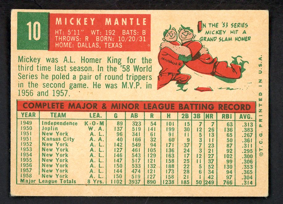 1959 Topps Baseball #10 Mickey Mantle Yankees VG 566537