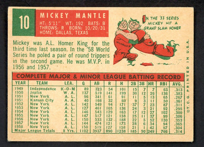 1959 Topps Baseball #10 Mickey Mantle Yankees VG 566537