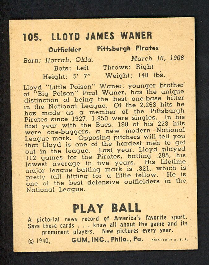 1940 Play Ball #105 Lloyd Waner Pirates EX-MT/NR-MT 566543