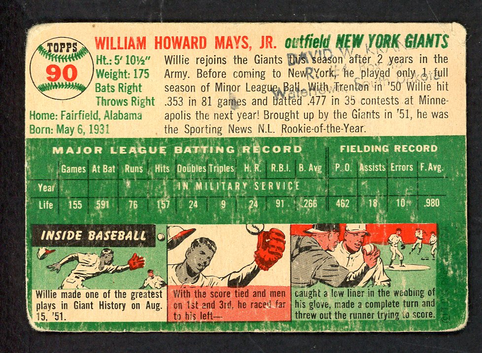 1954 Topps Baseball #90 Willie Mays Giants GD-VG 566547