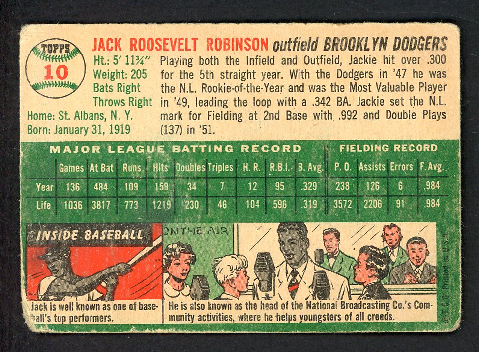 1954 Topps Baseball #10 Jackie Robinson Dodgers Good 566549