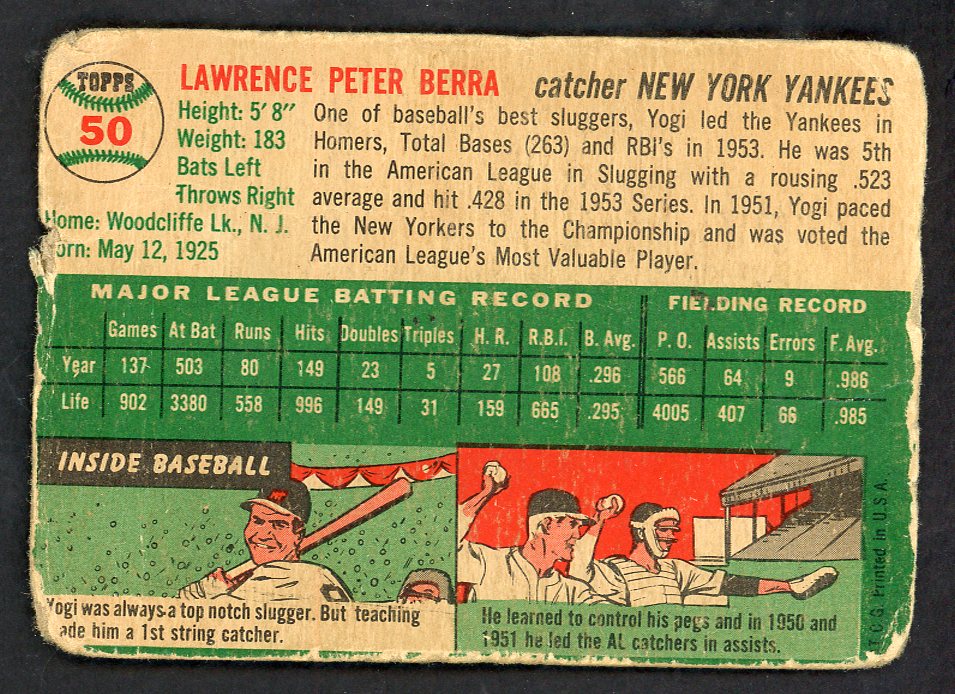 1954 Topps Baseball #50 Yogi Berra Yankees Poor 566557