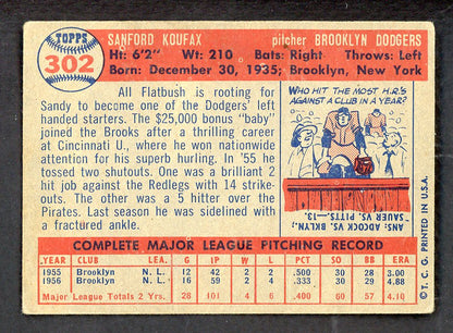 1957 Topps Baseball #302 Sandy Koufax Dodgers VG 566562