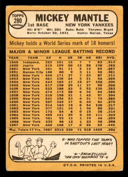 1968 Topps Baseball #280 Mickey Mantle Yankees VG 566567