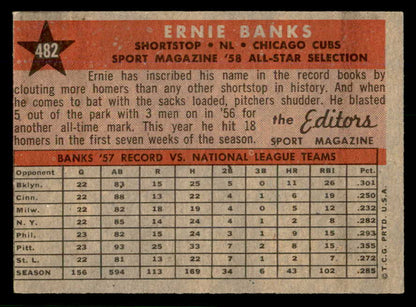 1958 Topps Baseball #482 Ernie Banks A.S. Cubs EX+/EX-MT 566574