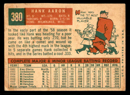 1959 Topps Baseball #380 Hank Aaron Braves VG-EX 566580