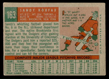 1959 Topps Baseball #163 Sandy Koufax Dodgers VG-EX 566608
