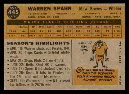 1960 Topps Baseball #445 Warren Spahn Braves NR-MT 566650