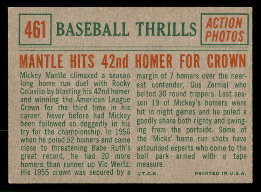 1959 Topps Baseball #461 Mickey Mantle IA Yankees EX 566655