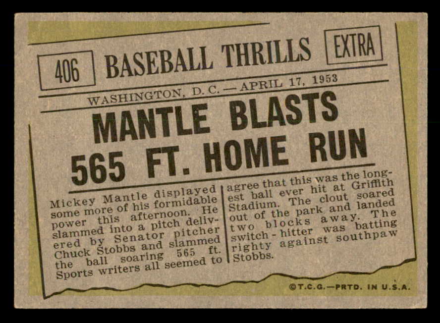 1961 Topps Baseball #406 Mickey Mantle IA Yankees VG-EX 566663