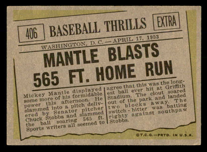 1961 Topps Baseball #406 Mickey Mantle IA Yankees VG-EX 566663