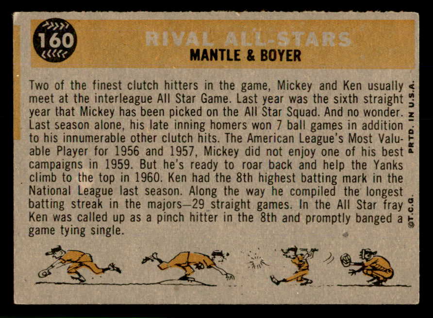 1960 Topps Baseball #160 Mickey Mantle Ken Boyer VG-EX 566665