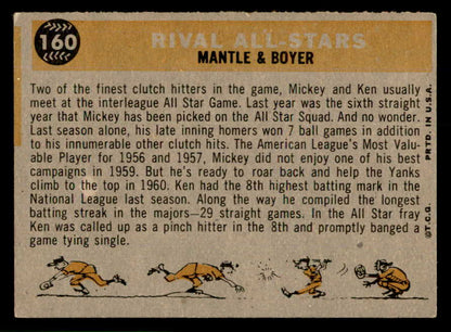 1960 Topps Baseball #160 Mickey Mantle Ken Boyer VG-EX 566665