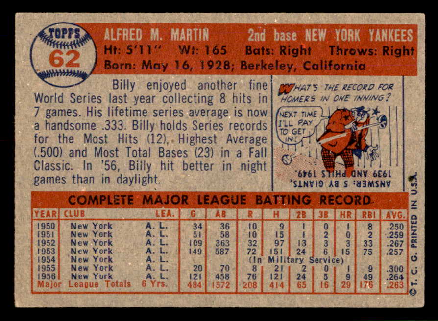 1957 Topps Baseball #062 Billy Martin Yankees EX+/EX-MT 566666
