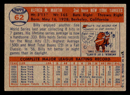 1957 Topps Baseball #062 Billy Martin Yankees EX+/EX-MT 566666