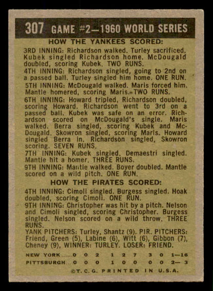 1961 Topps Baseball #307 World Series Game 2 Mickey Mantle EX 566675