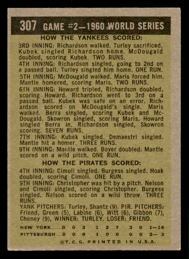 1961 Topps Baseball #307 World Series Game 2 Mickey Mantle EX 566676