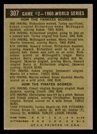 1961 Topps Baseball #307 World Series Game 2 Mickey Mantle EX 566676