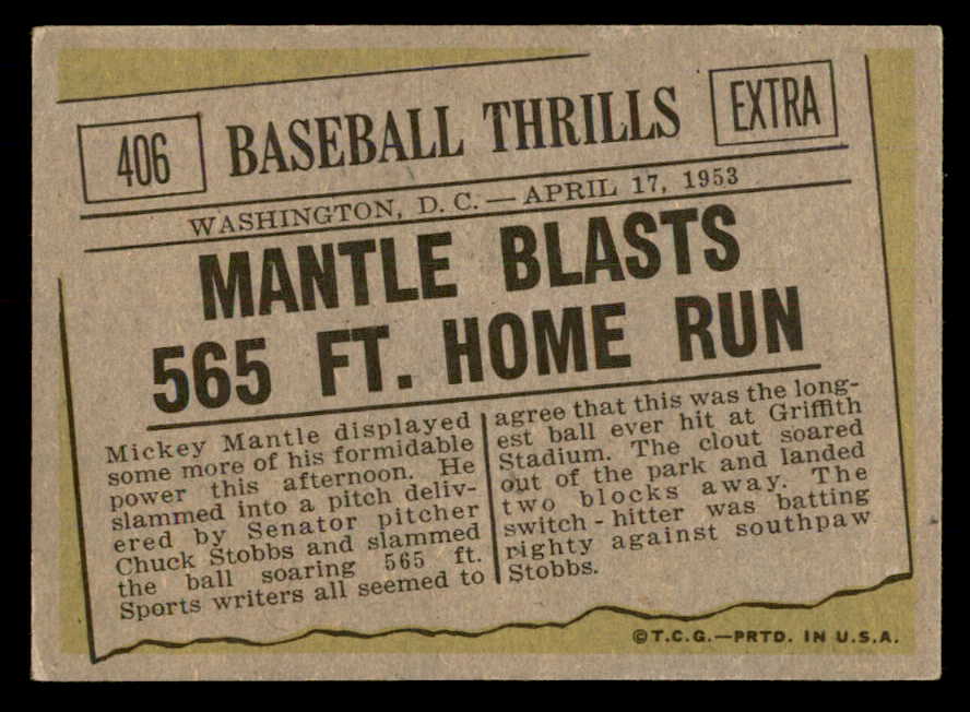 1961 Topps Baseball #406 Mickey Mantle IA Yankees EX+/EX-MT 566677