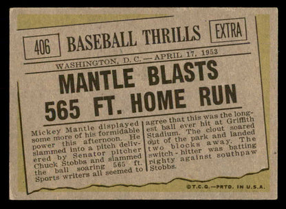 1961 Topps Baseball #406 Mickey Mantle IA Yankees EX+/EX-MT 566677