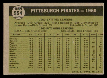 1961 Topps Baseball #554 Pittsburgh Pirates Team EX+/EX-MT 566683