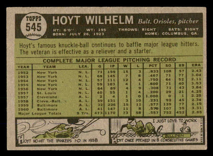 1961 Topps Baseball #545 Hoyt Wilhelm Orioles EX+/EX-MT 566685
