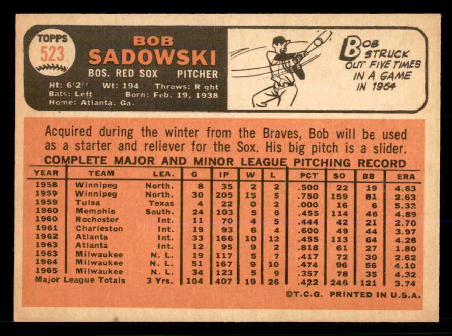 1966 Topps Baseball #523 Bob Sadowski Red Sox EX-MT 566698