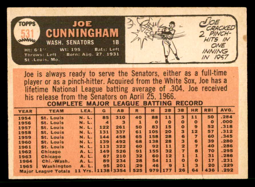 1966 Topps Baseball #531 Joe Cunningham Senators EX-MT 566718