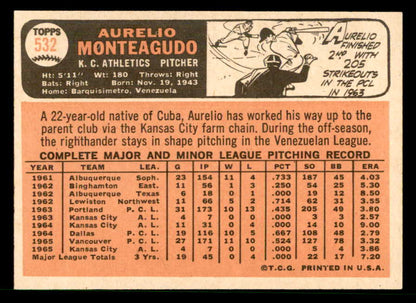 1966 Topps Baseball #532 Aurelio Monteagudo A's NR-MT 566725