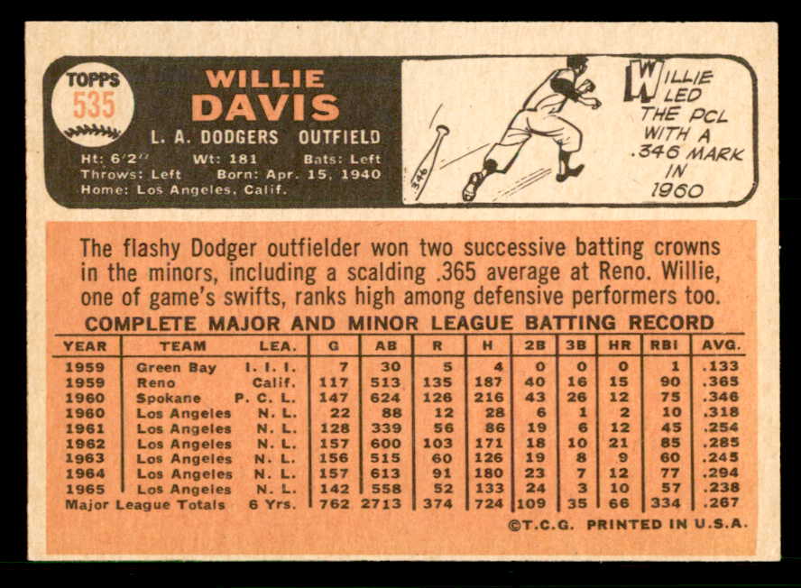 1966 Topps Baseball #535 Willie Davis Dodgers EX-MT 566734