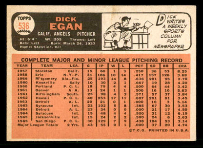 1966 Topps Baseball #536 Dick Egan Angels EX+/EX-MT 566737