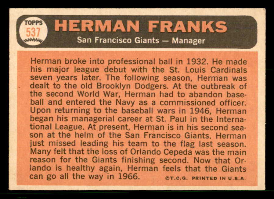 1966 Topps Baseball #537 Herman Franks Giants EX-MT 566740